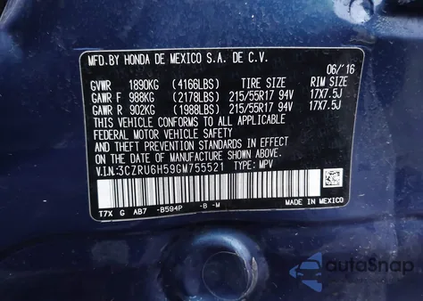 2016 Honda Hr-V Ex from USA, damaged, VIN 3CZRU6H59GM755521